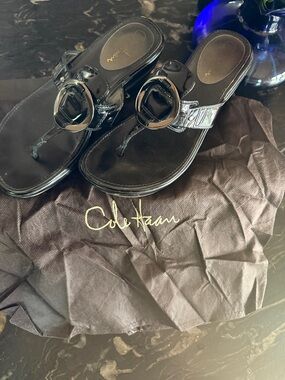 Cole Haan Black Patent Leather Toe-Ring Sandals